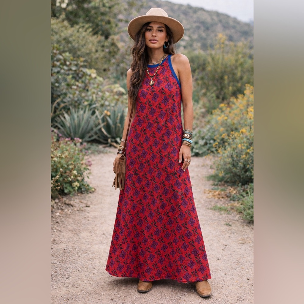Vintage Lanz Originals Knit Maxi Dress Red Floral Prairie Cottagecore S/M